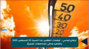 ارتفاع قياسي.. توقعات الطقس غدا السبت 23 أغسطس 2025 بالقاهرة وباقي المحافظات تفصيلًا